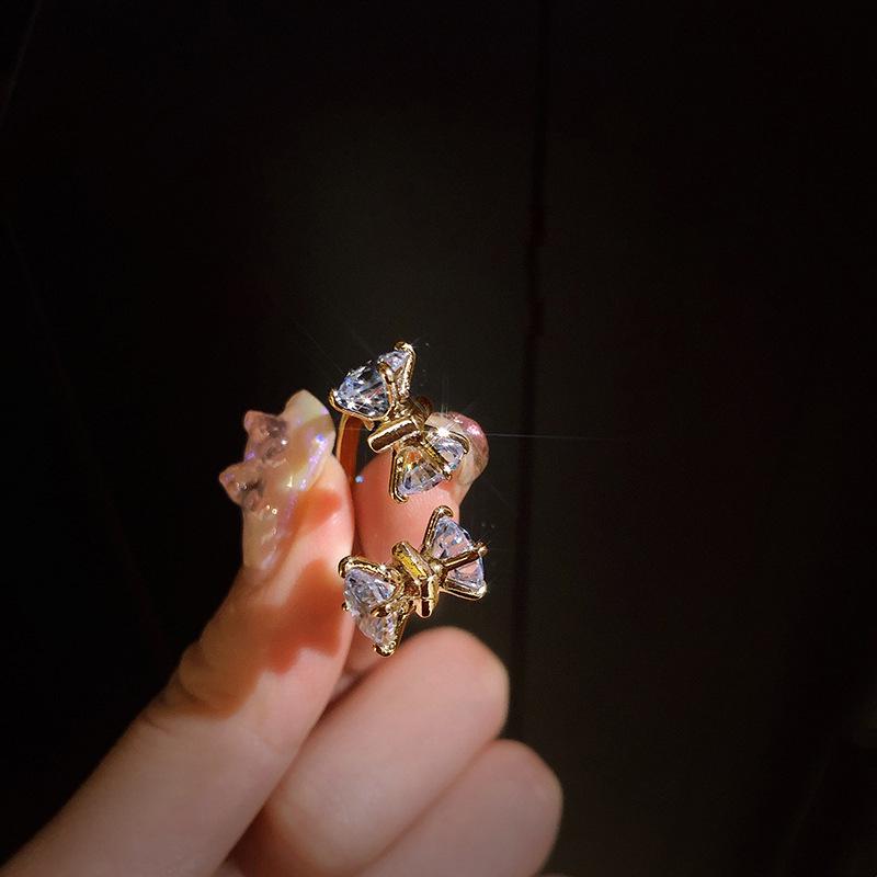 ANENJERY Shiny Zircon Bowknot Open Ring For Women Exquisite Korean Fashion Accessories