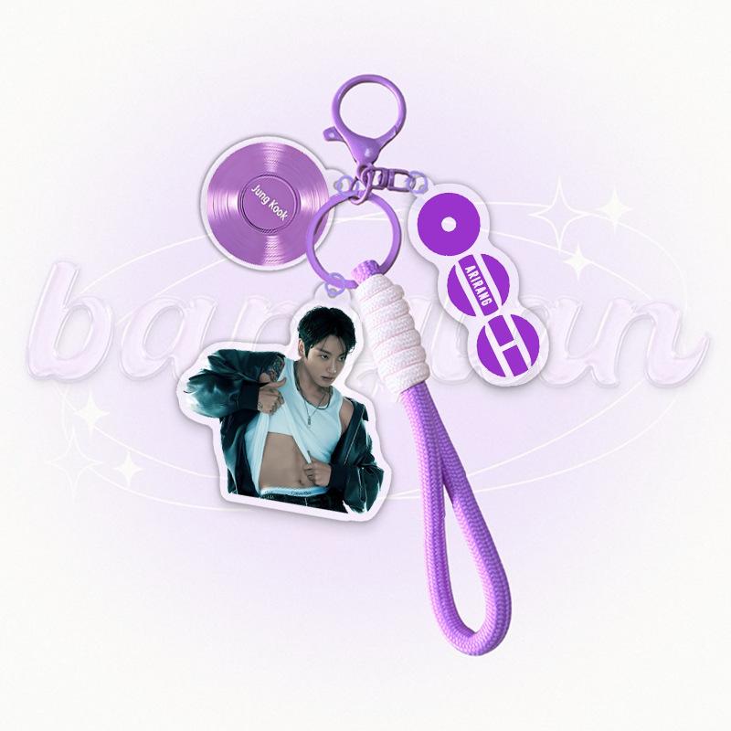 BTS Member Photo Acrylic Keychain with Purple Braided Strap, Bangtan Boys Vinyl Disc Charm Keyring, Kpop ARMY Fans Bag Accessory