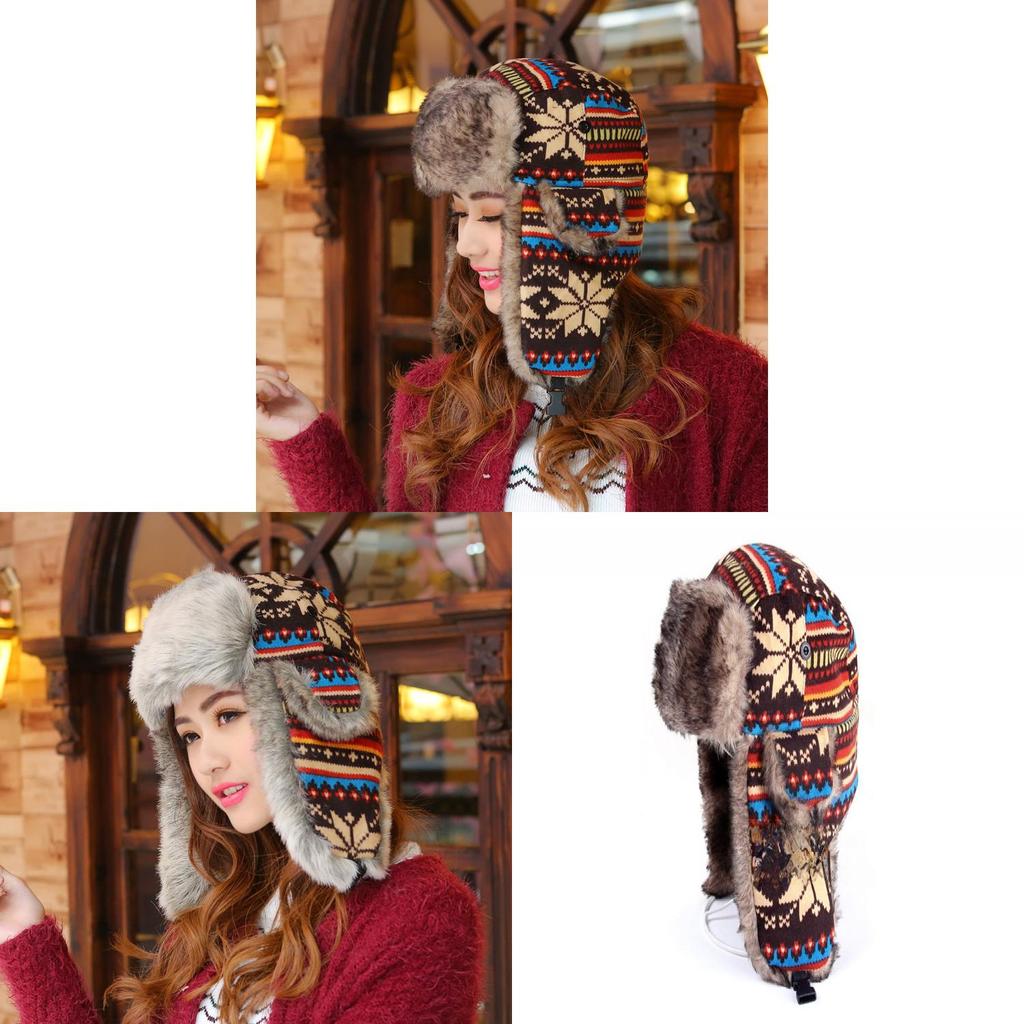 Geometric Knitted Beanie Hat With Ear Flap For Winter Warmth And Wind Protection