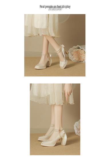 Women's Pearl Suede Mary Janes - Square Toe Chunky High Heels with Bow and Waterproof Platform