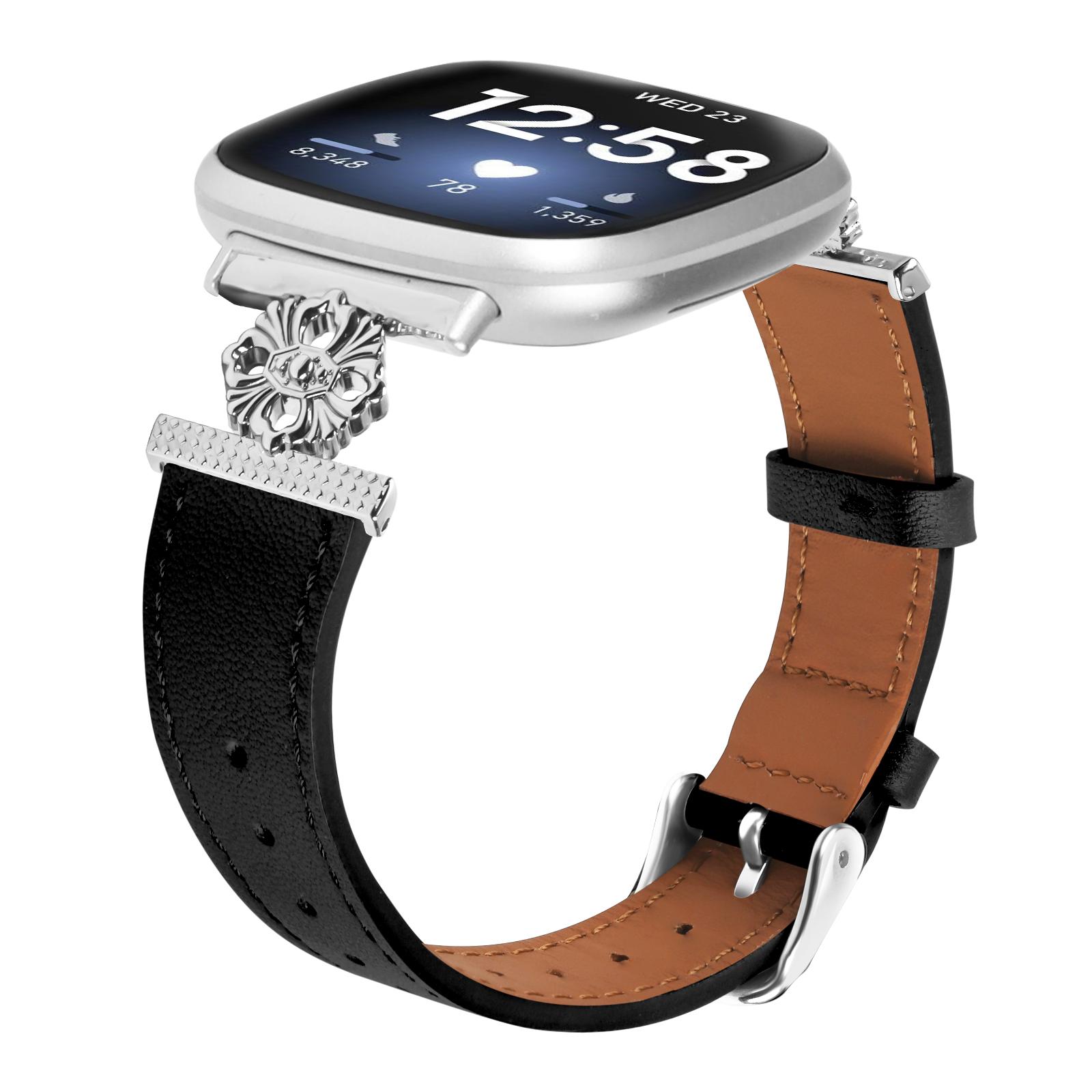 

For Fitbit Versa 4/Sense 2 Watch Band Genuine Cow Leather Flower Decor Adjustable Strap Black