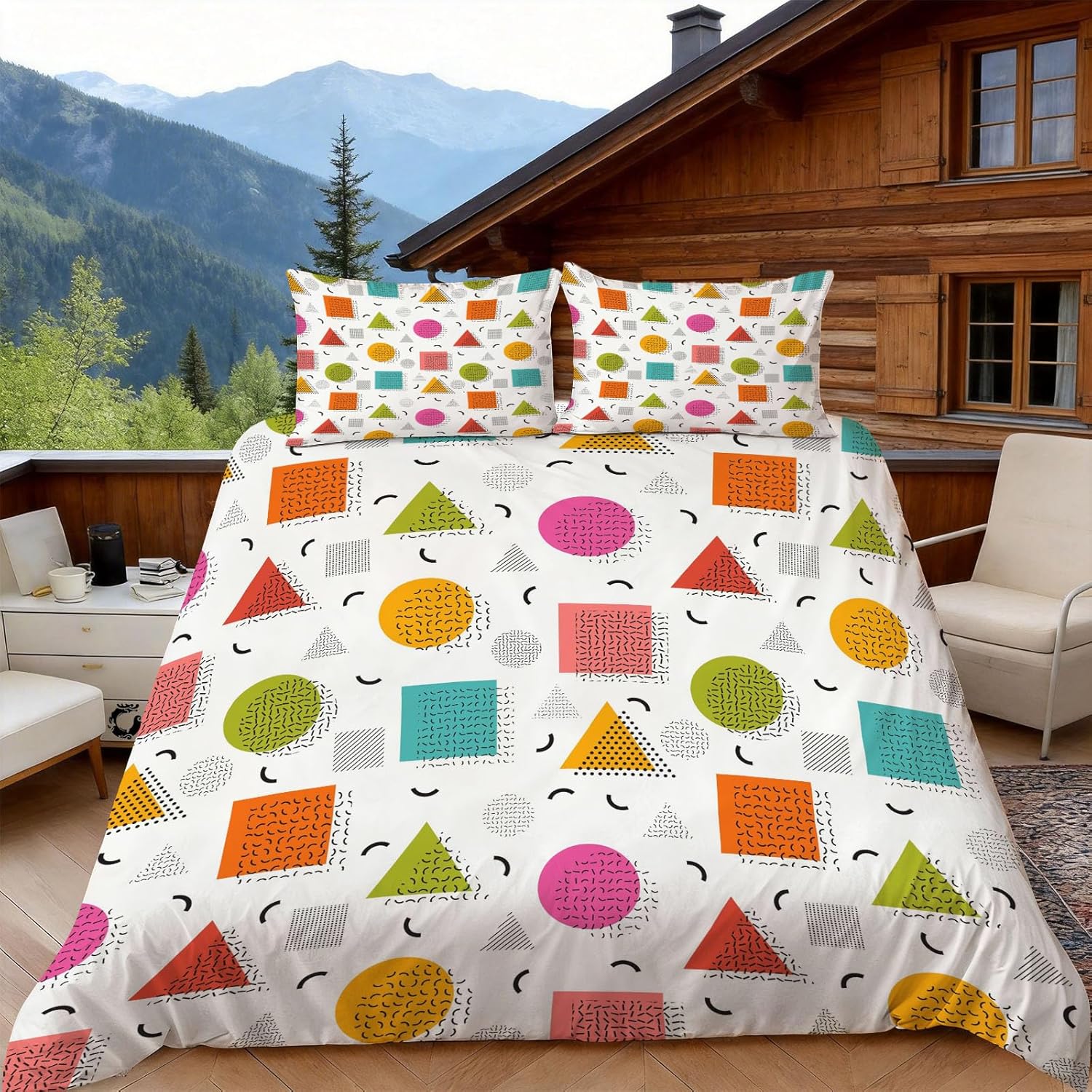 Flylo Unisex Geometric Art Duvet Cover Cartoon Bedding Set Single Size Quilt Cover Microfibre Comforter Cover With Zipper And Pillowcase 2Pcs