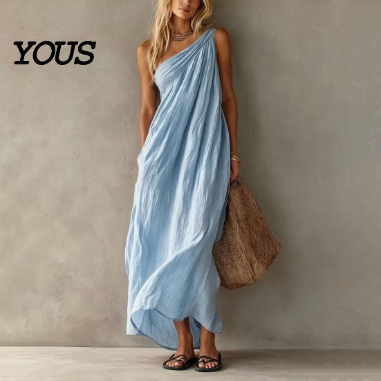 Casual Dress Women Women's Summer One Shoulder Beach Sundress, Pleated A-line Party Wear Flowy Long Dress, Loose Travel Vacation