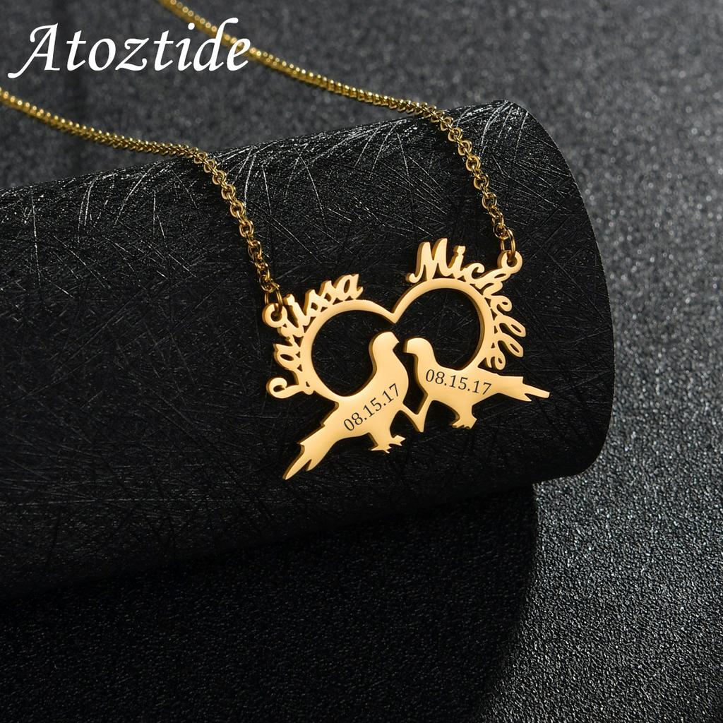 Atoztide Personalized Custom Bipedal Bird Name Engrave Date Necklace Stainless Steel for Women Couple Anniversaries Jewelry Gift