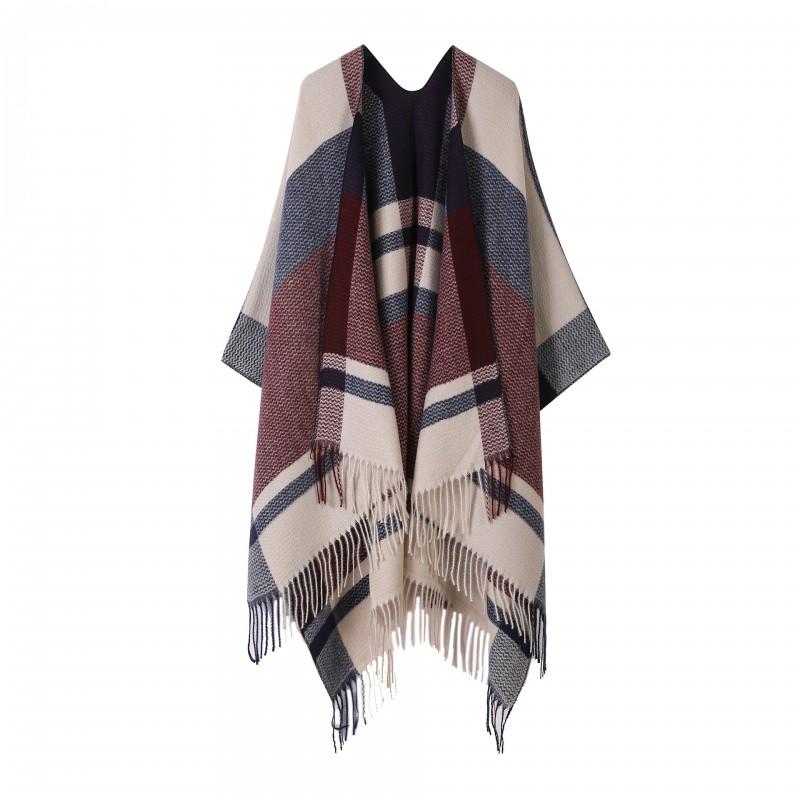 Damen Winter Schal Mit Fransen Schlitz Colorblock Karomuster Gestrickter Wickelschal Warmer Kunstkaschmir Umhang Büro