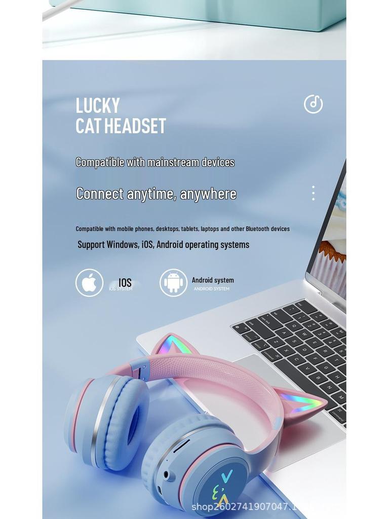 Cat Ear Luminous Foldable Bluetooth Headset with Long Battery Life for Gaming and Sports