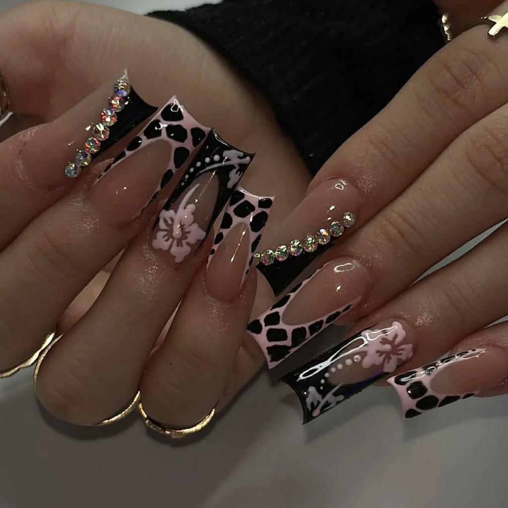 24Pcs Long Coffin Leopard Print Press On Nails With Glue Sweet Cool Diamond Floral French Fake Nail Tips Set