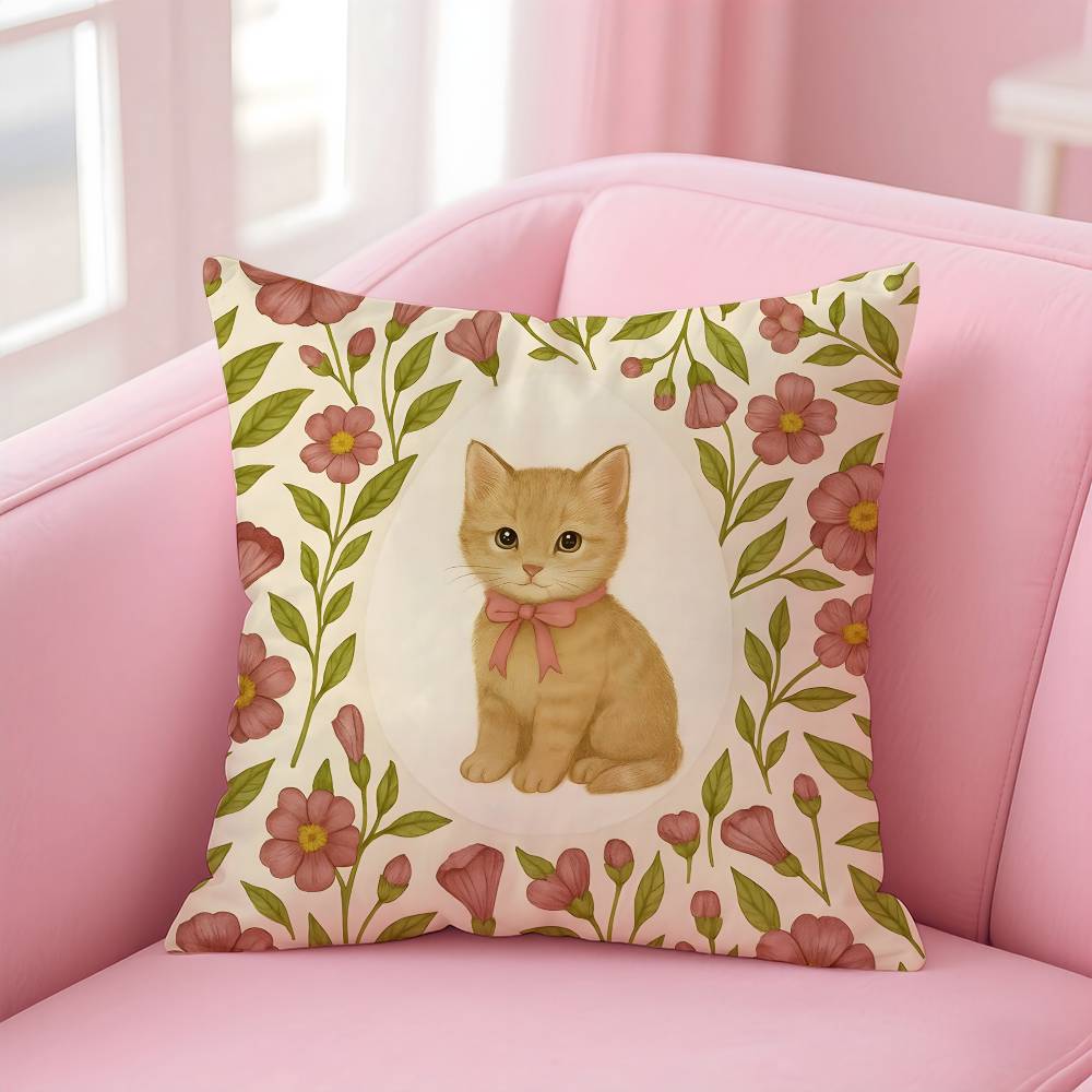 Cat In the Flowers Aesthetic Pillow Case Pattern Printing Pillowcase Living Room Sofa Cushion Cover Bedroom Room Decor