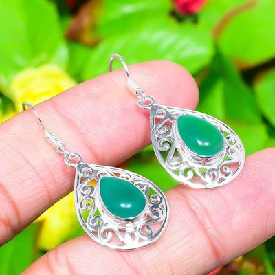 Natürlicher grüner Onyx Edelstein, handgefertigt, 925 Sterling Silber, Ohrring, 4,2 cm, U5w52