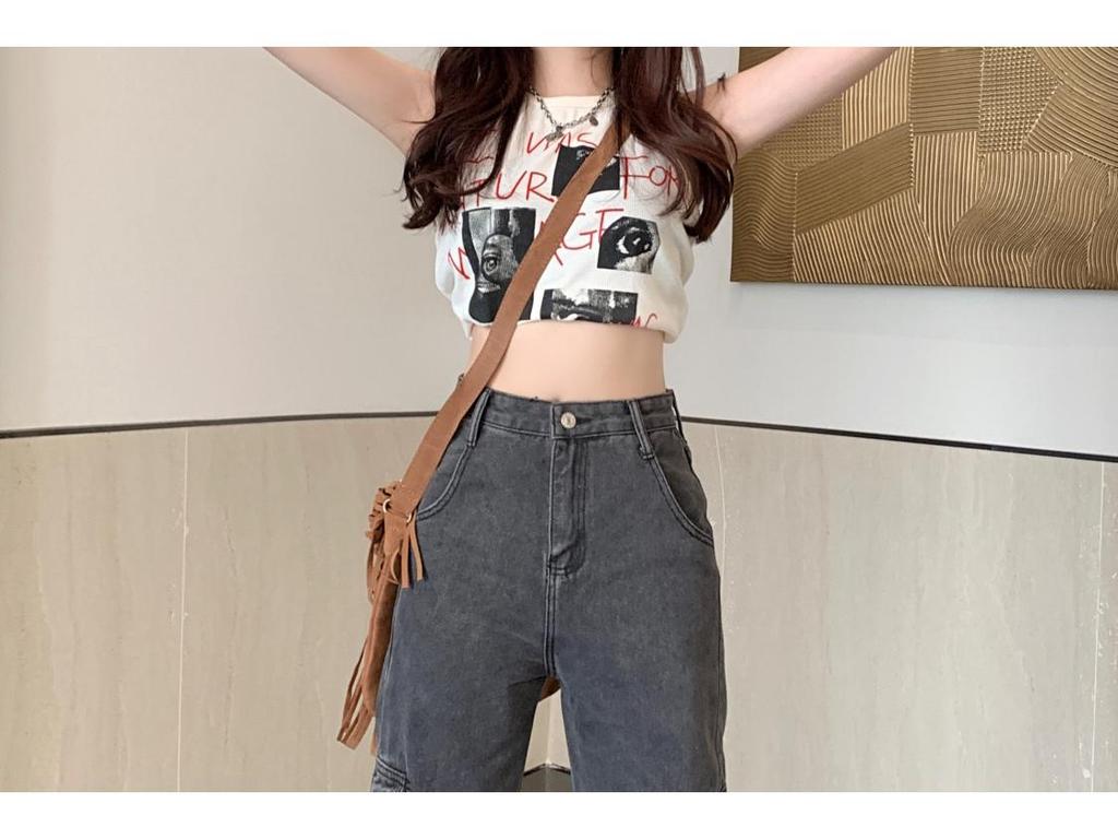 Spring-Autumn Retro Denim Cargo Pants: Stylish Women's Loose Straight-Leg, Multi-Pocket Design