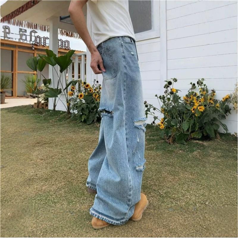 Unisex Distressed Washed Denim Jeans Loose Wide Leg Straight Cut Streetwear Pants Teens Adults