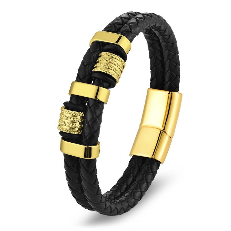 Stainless Steel Geometric Double Wrap Bracelet Men Minimalist Leather Woven Cuff Adjustable Size
