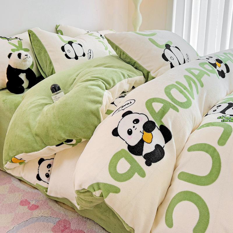 Thickened Milk Fleece Four-Piece Set Double-Sided Coral Flange Fleece Bed Sheet Quilt Cover Three-Piece Set Of Bed Hat