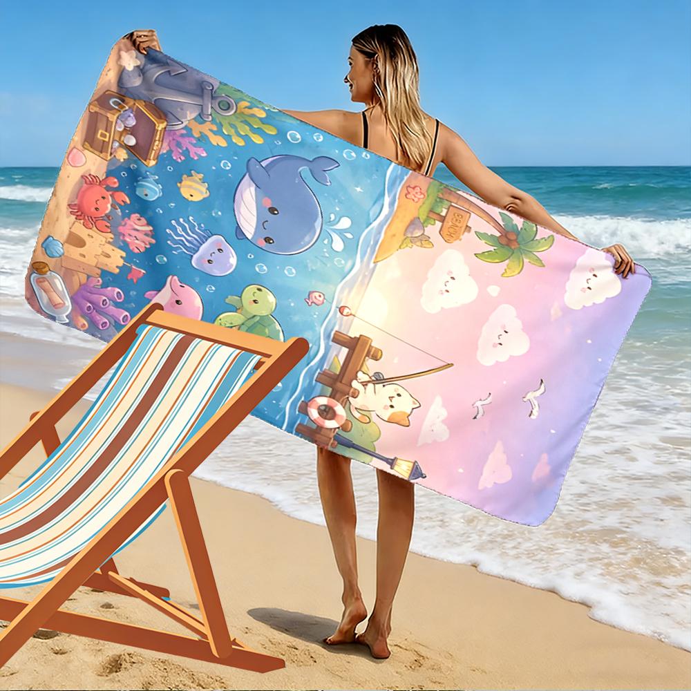 Cute Cartoon Ocean Animals and Fishing Cat Beach Towel Quick-drying for Travel Outdoor Sports Jogging Beach and Swimming