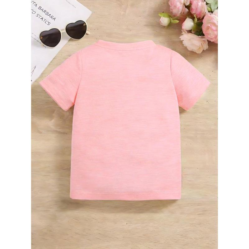 Girls' Short-Sleeve Casual T-Shirt with Cute Cartoon Dinosaur Print for Spring, Summer, and Fall