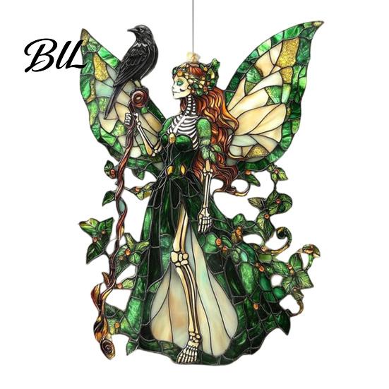 Decorative Hanging Ornaments Stained Glass Style Skeleton Fairy Window Suncatcher, Acrylic Ornament with Butterfly Wings Office Decorations for Living