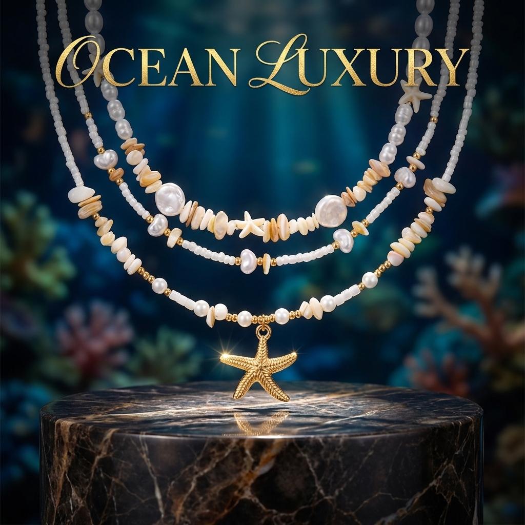 3Pcs/Set Vacation Starfish Faux Pearl Stone Necklace Summer Beach Ocean Theme Boho Choker Jewelry For Women