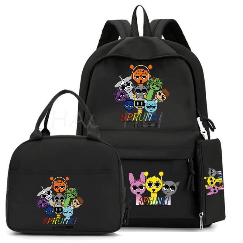 

Новый мультяшный рюкзак Sprunki для детей, модный, с принтом, из трех частей: сумка для еды, повседневный пенал Average Size