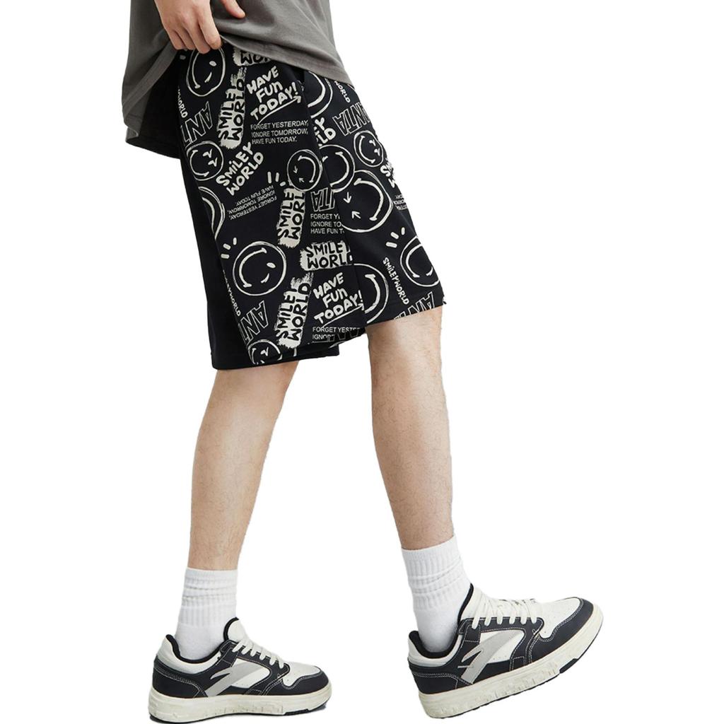 Anta X Smileyworld Co-Branded Life Series Pattern Full Print Drawstring Elastic Loose Shorts Men Bottoms Black 152328327-1
