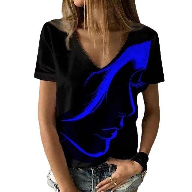 Summer V-neck 3D Simplified Avatar Printed Top Fashionable Casual Short Sleeved Women's T-shirts
