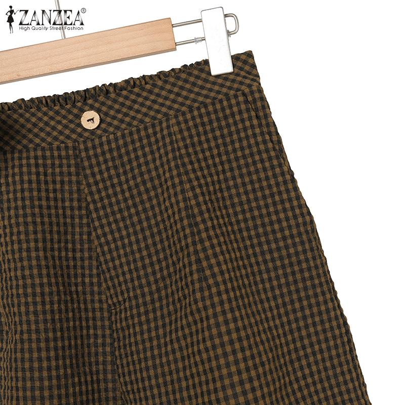 ZANZEA Women Short Sleeve Blouse and Shorts Casual Plaid Print Two Piece Sets