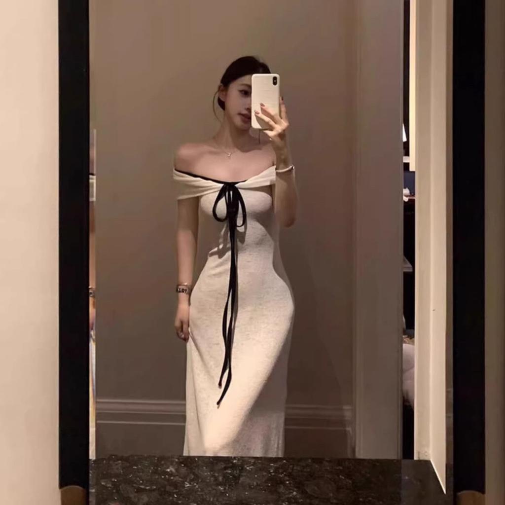 French Beautiful White One-word Shoulder Dress Women's Early Spring Pure Desire Temperament Slim Waist Hip Long Skirt