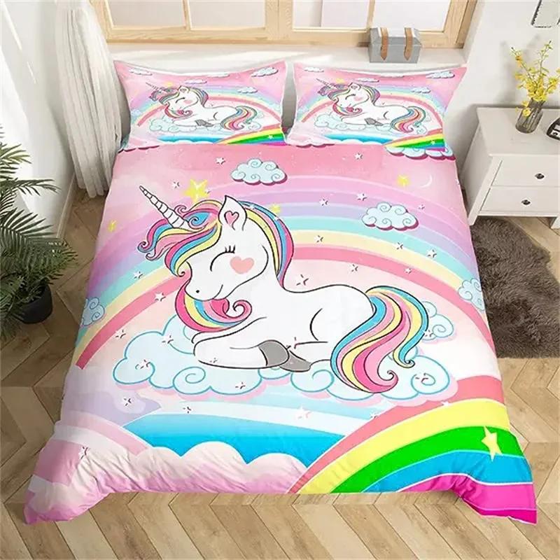 Children Cute Unicorn Duvet Cover Cartoon Bedding Set Rainbow Stripes Animals Children Kids Girls Gifts for Bedroom Decorations