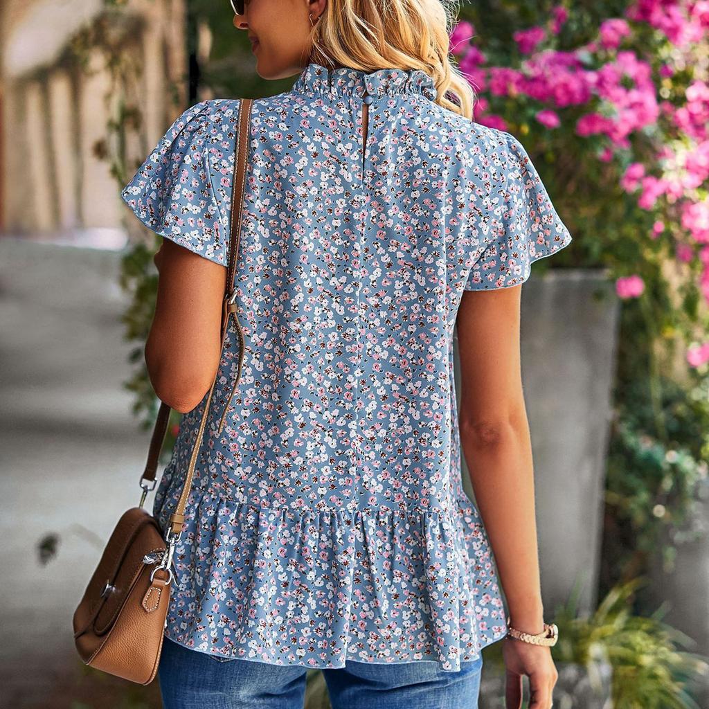 Short Sleeve Shirt Stringy Selvedge Stand Collar Ruffled Loose Hem Floral Print Casual Blouses Tops