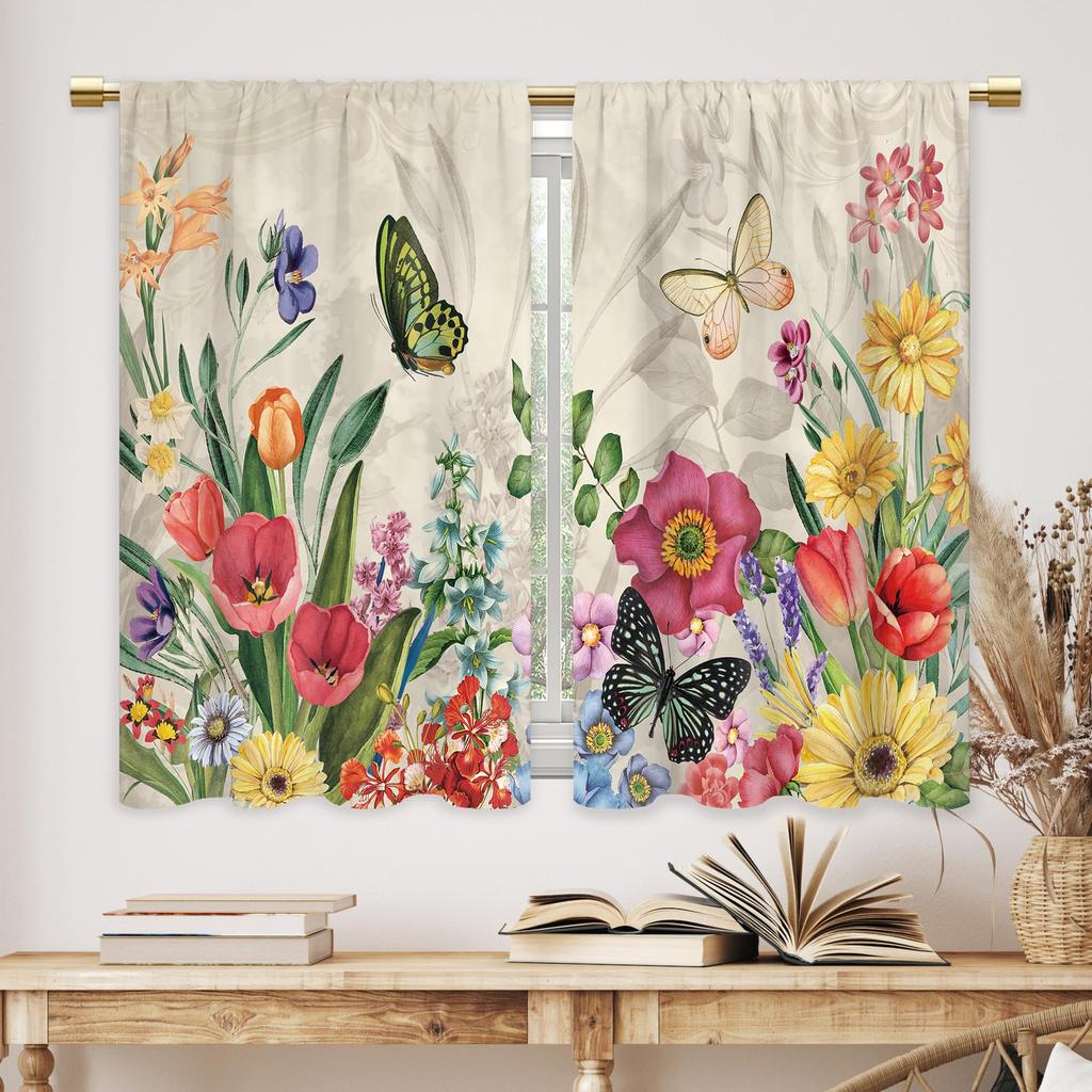 2 Panels Rustic Yellow Floral Kitchen Curtains Farmhouse Bathroom Window Treatment Drapes Cafe Small Bedroom Short Curtains