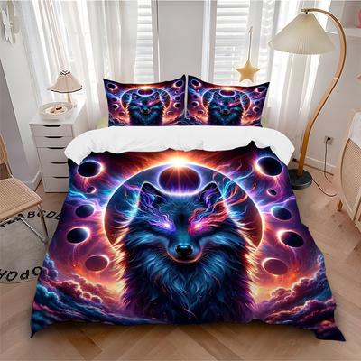 3pcs Enchanted Celestial Wolf Pattern Bedding Set,Printed Bedding Set, Soft and Comfortable, Suitable for Bedroom and Guest Room Use.J034