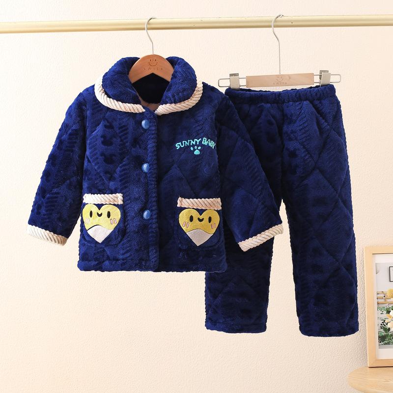 New Pajamas Crystal Flannel Padded Set Autumn And Winter Men'S And Children'S Loungewear Thickened Pajamas To Keep Warm