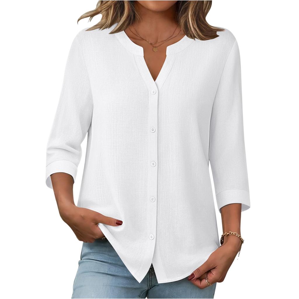 Womens V Neck Button Down Blouse Three Quarter Sleeve Loose Fit Casual Top for Daily Office Wear