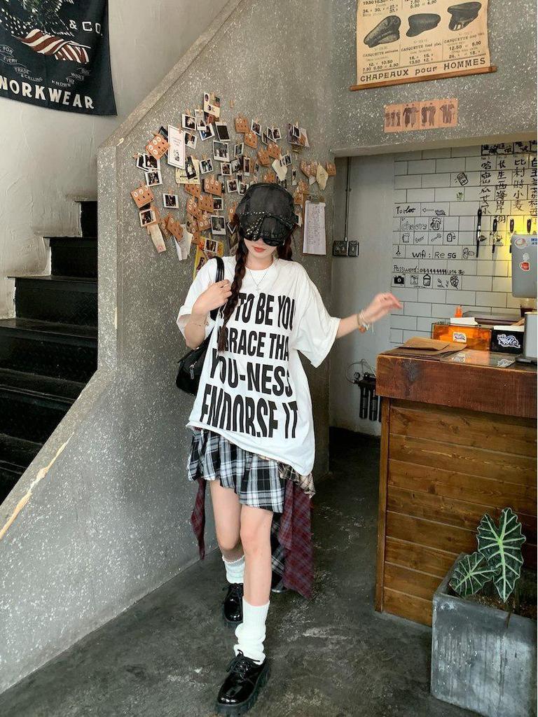 Women's Plus Size Retro Letter Print Cotton T-Shirt - Loose Fit, Trendy Streetwear