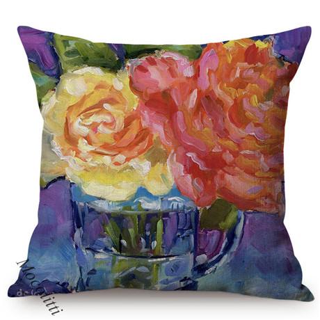 Multicolor Flowers Oil Painting Style Cotton Linen Pillow Case Rose Sunflower Violet Vase Sofa Decoration Cushion Cover Cojines