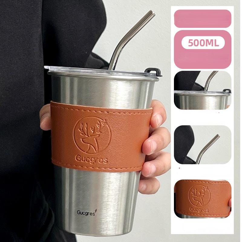Stainless Steel Coffee Mug with Straw Lid Portable Coffee Cup Drinking Beer Milk Water Cup Restaurant Bar Party 500ml