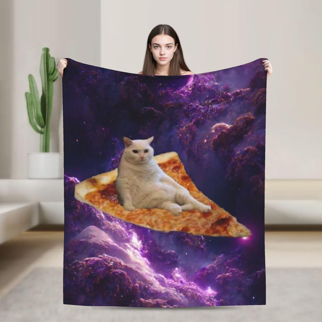 Pizza Cat Space Galaxy Flying Knitted Blanket Funny Wool Throw Blanket Home Couch Decoration Thin Bedspread Portable