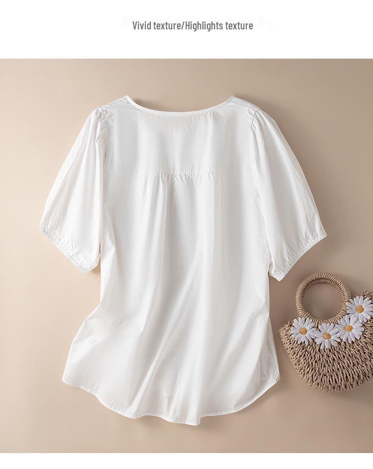 White Puff Sleeve A-line Top for Women - Korean Style, Summer 2026, Round Neck, Accordion Pleats