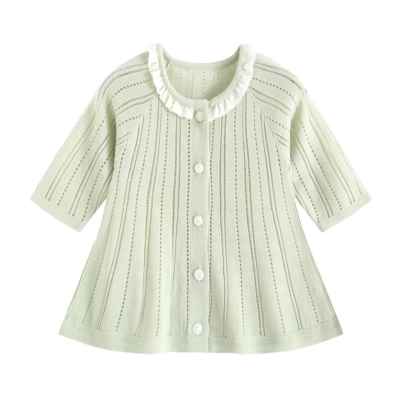 Girls Lightweight Knit Sweater with Lace Collar – Spring & Summer Hollow-Out Princess Cardigan 100 cm