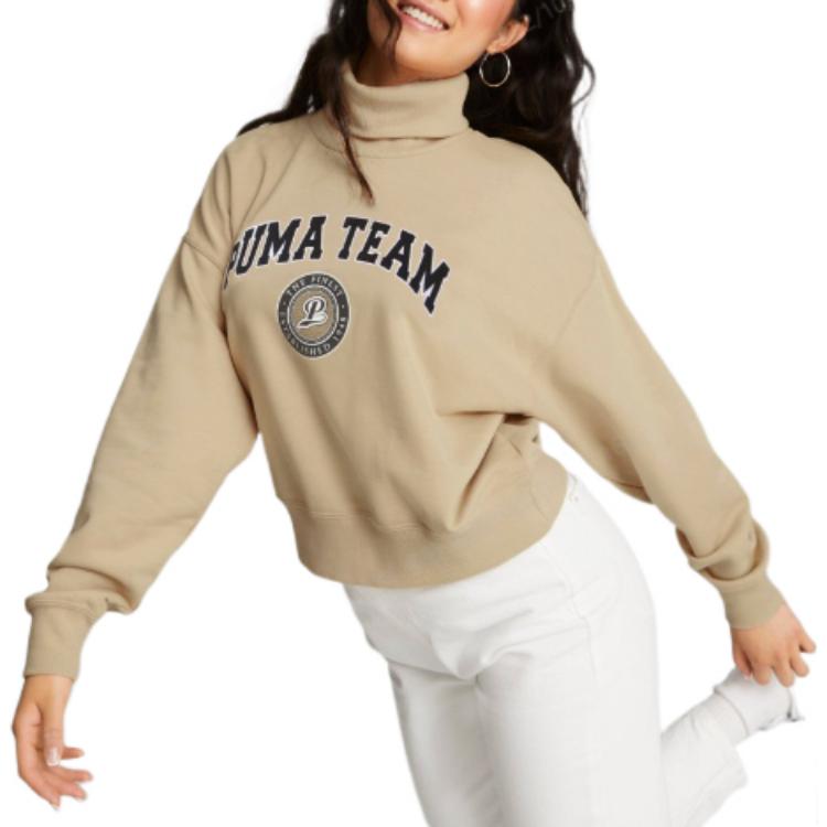 Puma Solid Color Logo Print High Collar Long Sleeve Sweatshirt Women Tops Camel 539271-67