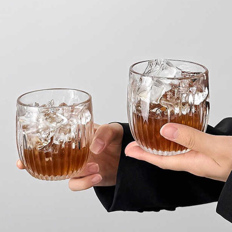 260ml 2pcs Set Transparent Beverage Iced Coffee Latte Cups Vintage Vertical Striped Coffee Cup Wine Glass Drinkware Tea Mug Cafe