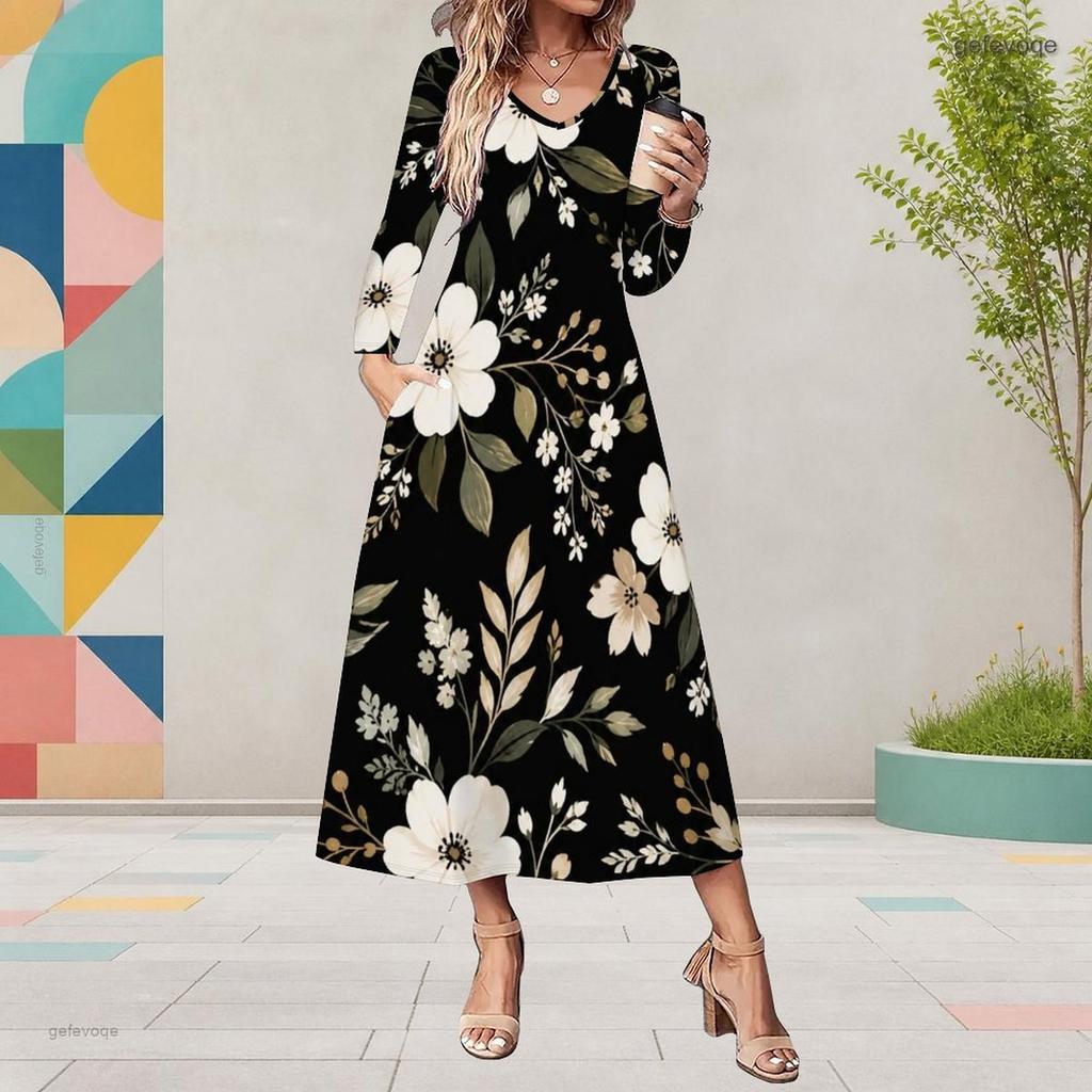 Plus Size Women V Neck Long Sleeve Black Purple Rose Printed A Line Midi Dress With Pockets