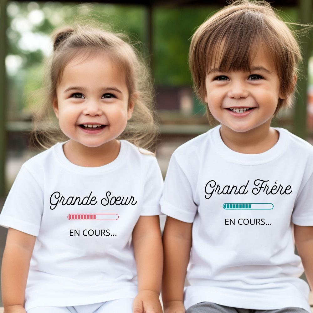 Big Sister Big Brother In Progress French Printed Tshirt Pregnant Announcement Shirt Kids Tshirt Tops Boys Girls Summer Tee