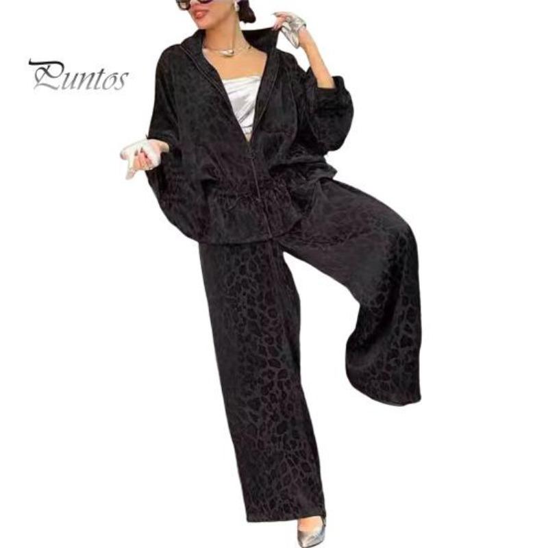 Pcs/Set Women Shirt Pants Set Leopard Printing Zip-up Long Sleeve Pleated Top Loose Wide Leg Trousers Commuting Workwear Ouit