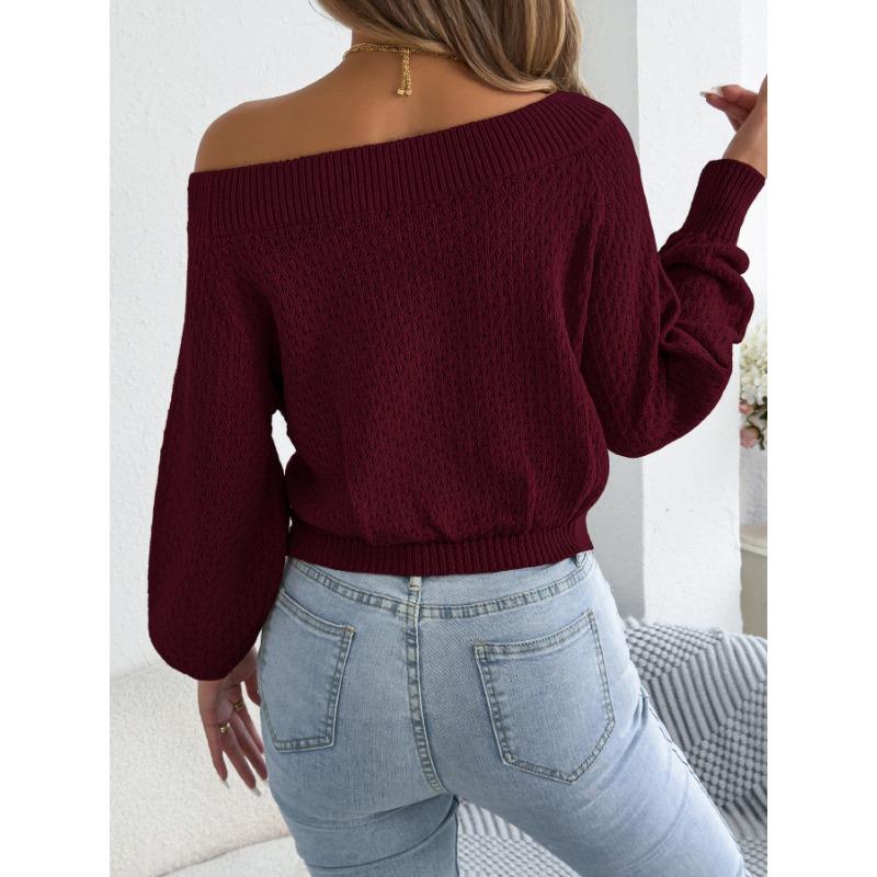 European American Casual Solid Color Off Shoulder Knot Long Sleeve Women Sweater