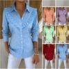 European and American Spring Women's Solid Color Shirt Collar Long Sleeve Casual Loose Ruffle Edge Cotton and Linen Top