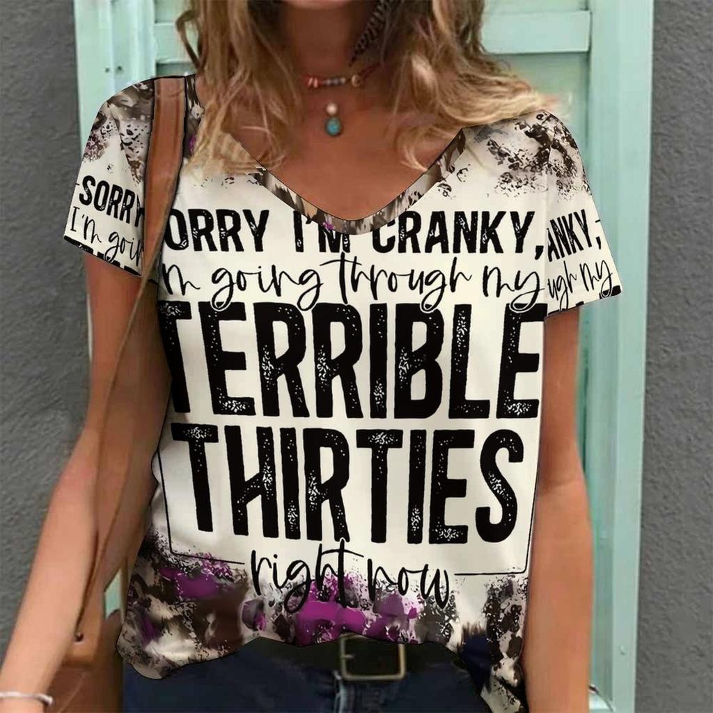 Women Print V Neck Short Sleeve Casual Loose Tunic Tops