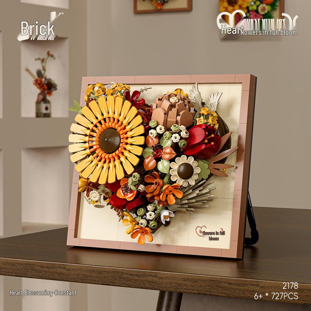 Lego-Compatible Sunflower & Rose Photo Frame: Educational Ornament Gift for Girls