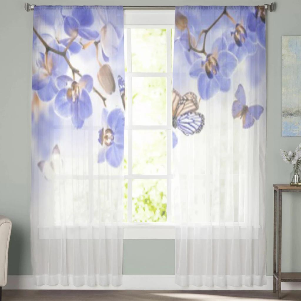 Tropical Orchids Floral And Butterfly Tulle Curtains For Living Room Decoration Modern Veil Chiffon Curtains Bedroom Sheer Voile