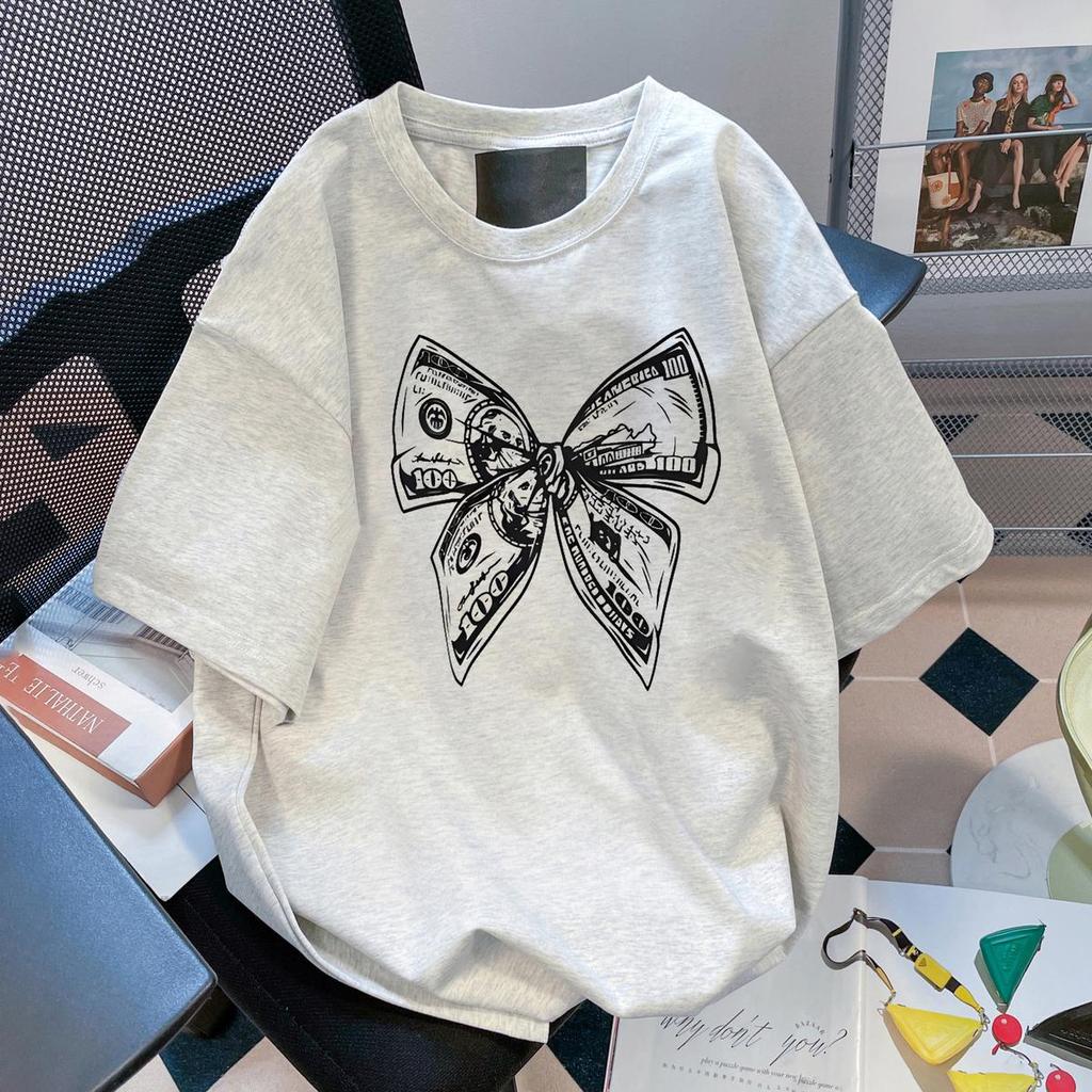 European Style Chic Bow Print Short Sleeve Slimming T-shirt for Women - Summer Trendy Spicy Girl Look, 200g, Petite Fit