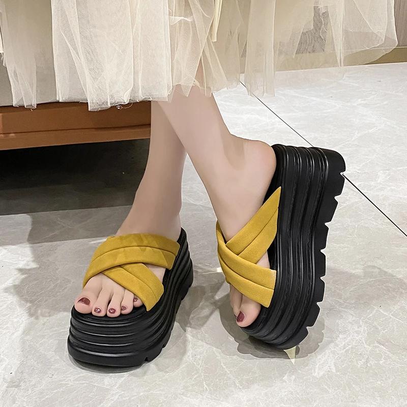 Fashion 8CM High Platform Slippers For Women Open Toe Leather Wedges Chunky Sandals New 2025 Summer Thick Bottom Female Beach Flip Flops